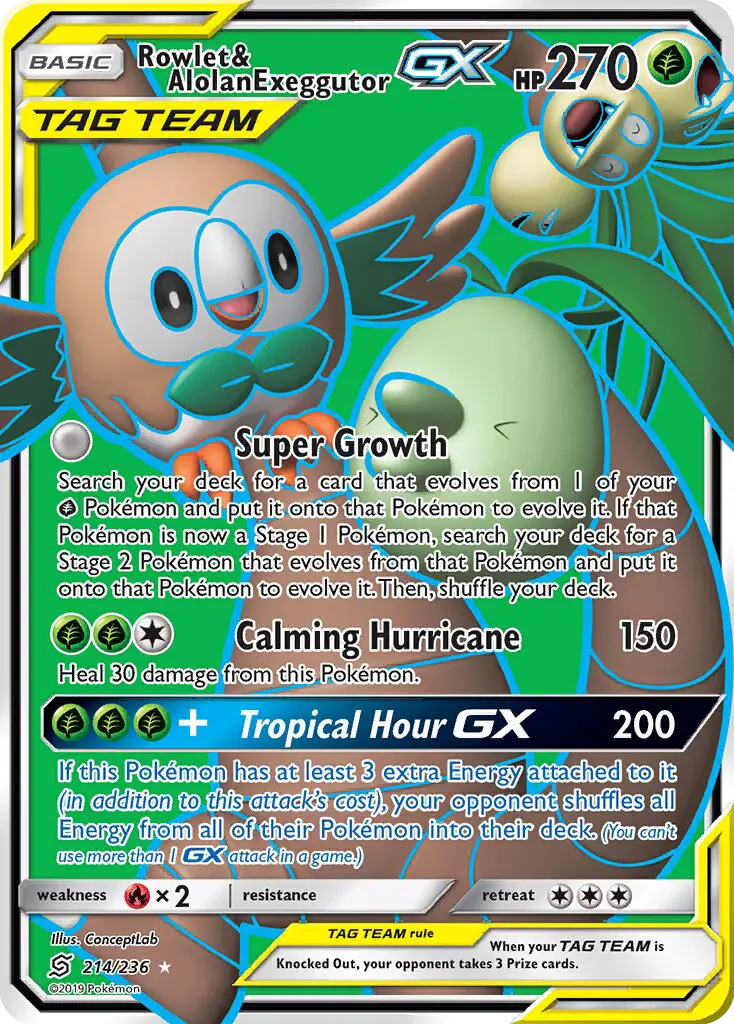 Rowlet & Alolan Exeggutor GX — Unified Minds card #214